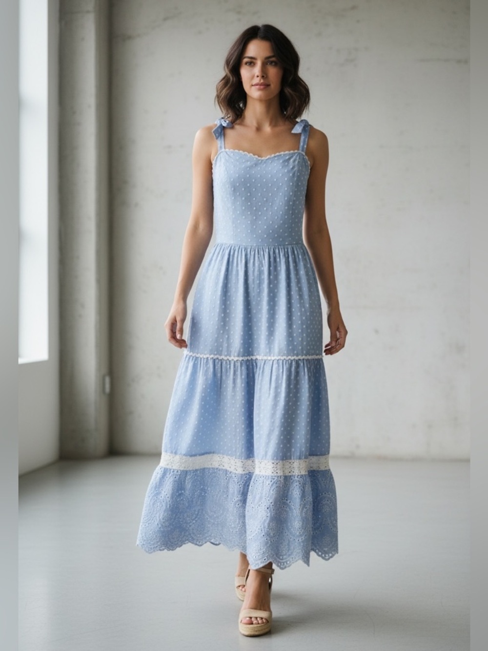 Shabby Chic Blue White Cotton Boho Sundress Tie Strap Tiered Embroidered size 10